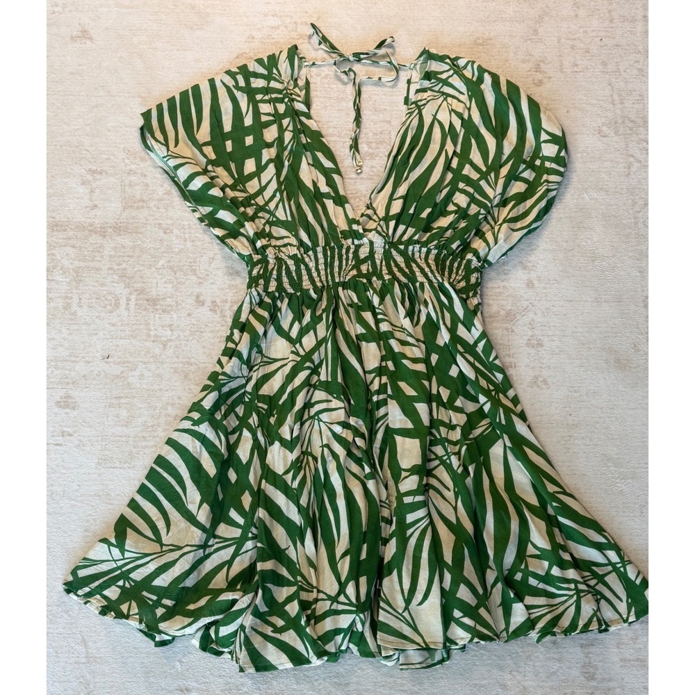 Kate Spade New York Green White Palm Leaf Smocked Waist V-Neck Mini Dress L
